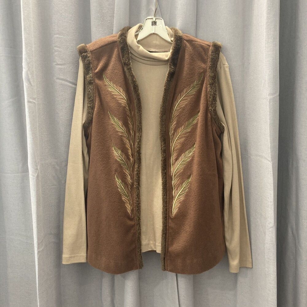 2 Pc Set Bob Mackie Wearable Art Vest And Turtleneck Embroidered Feather Large